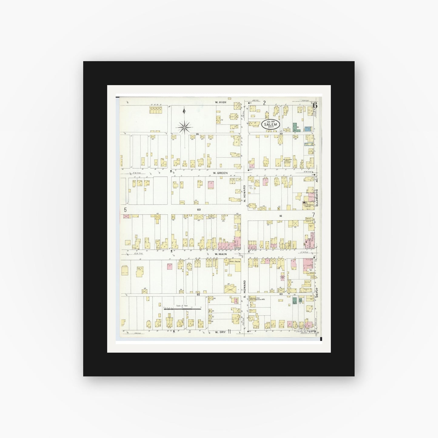 Old map wall art mockup — black gallery frame with white mat — Sanborn Fire Insurance Map from Salem, Columbiana County, Ohio (1909), Sheet #0006