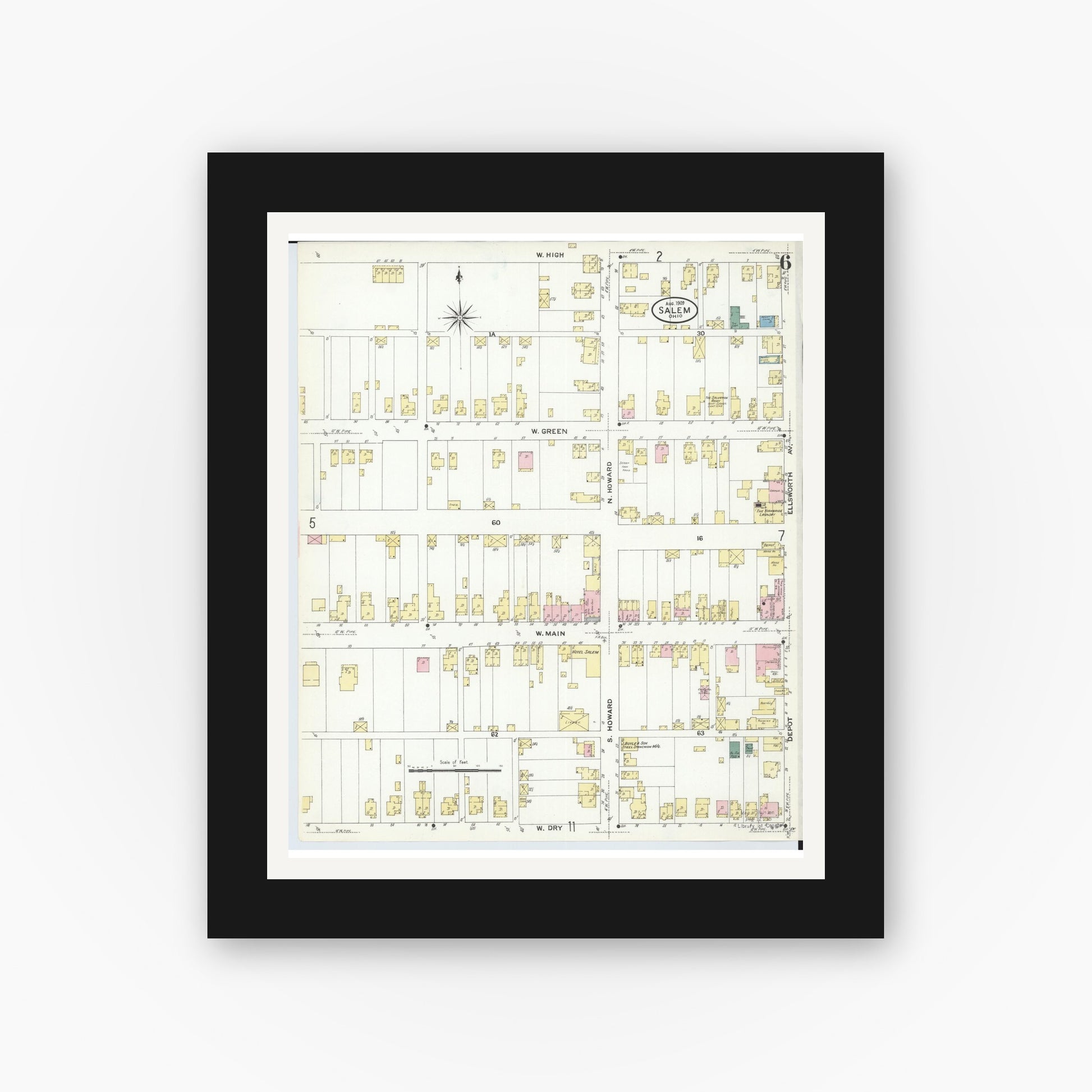 Old map wall art mockup — black gallery frame with white mat — Sanborn Fire Insurance Map from Salem, Columbiana County, Ohio (1909), Sheet #0006