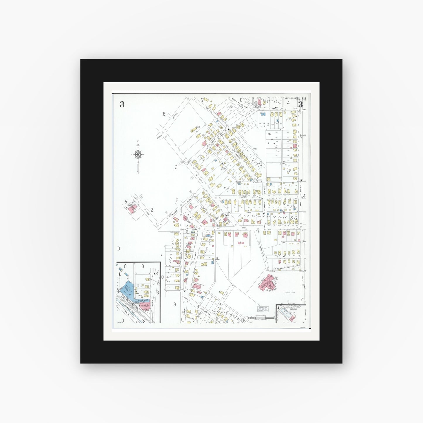 Old map wall art mockup — black gallery frame with white mat — Sanborn Fire Insurance Map from New Lexington, Perry County, Ohio (1950), Sheet #0003