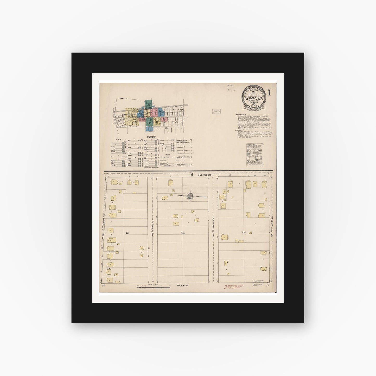 Old map wall art mockup — black gallery frame with white mat — Sanborn Fire Insurance Map from Compton, Los Angeles County, California (1922) - Complete Map Set