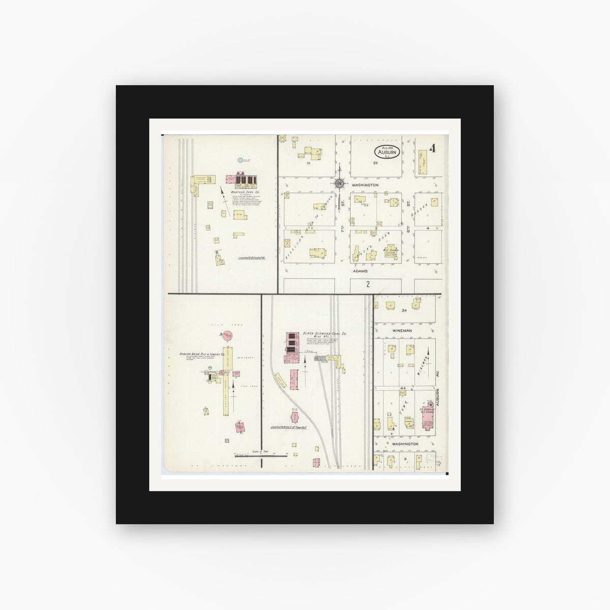 Old map wall art mockup — black gallery frame with white mat — Sanborn Fire Insurance Map from Auburn, Sangamon County, Illinois (1914), Sheet #0004