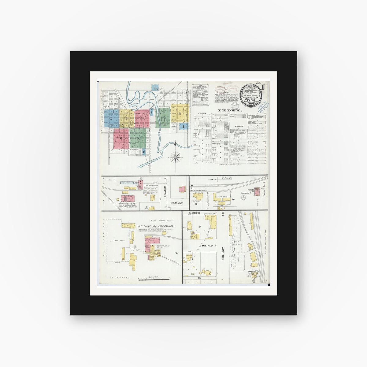Old map wall art mockup — black gallery frame with white mat — Sanborn Fire Insurance Map from Austin, Mower County, Minnesota (1899) - Complete Map Set