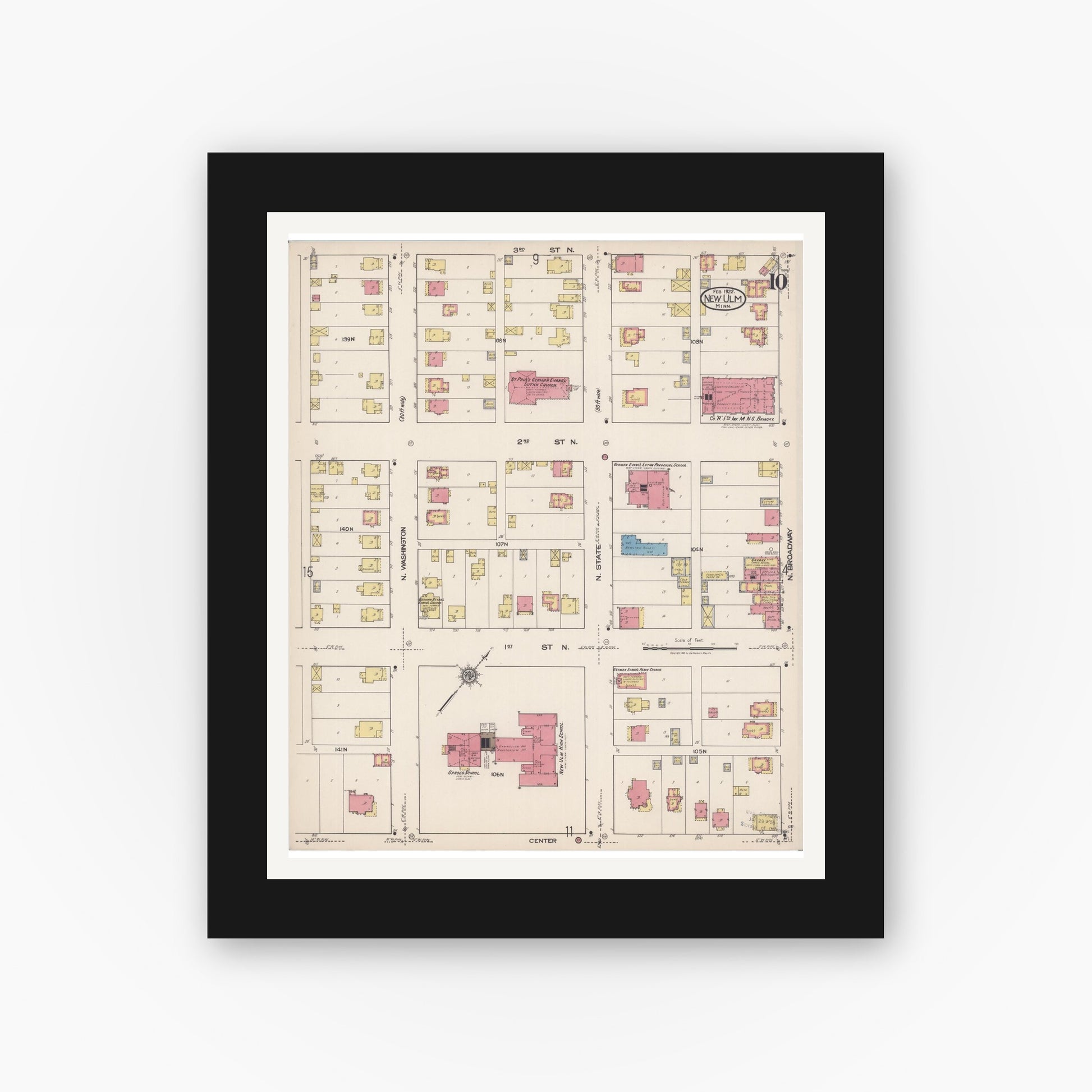 Old map wall art mockup — black gallery frame with white mat — Sanborn Fire Insurance Map from New Ulm, Brown County, Minnesota (1922), Sheet #0010