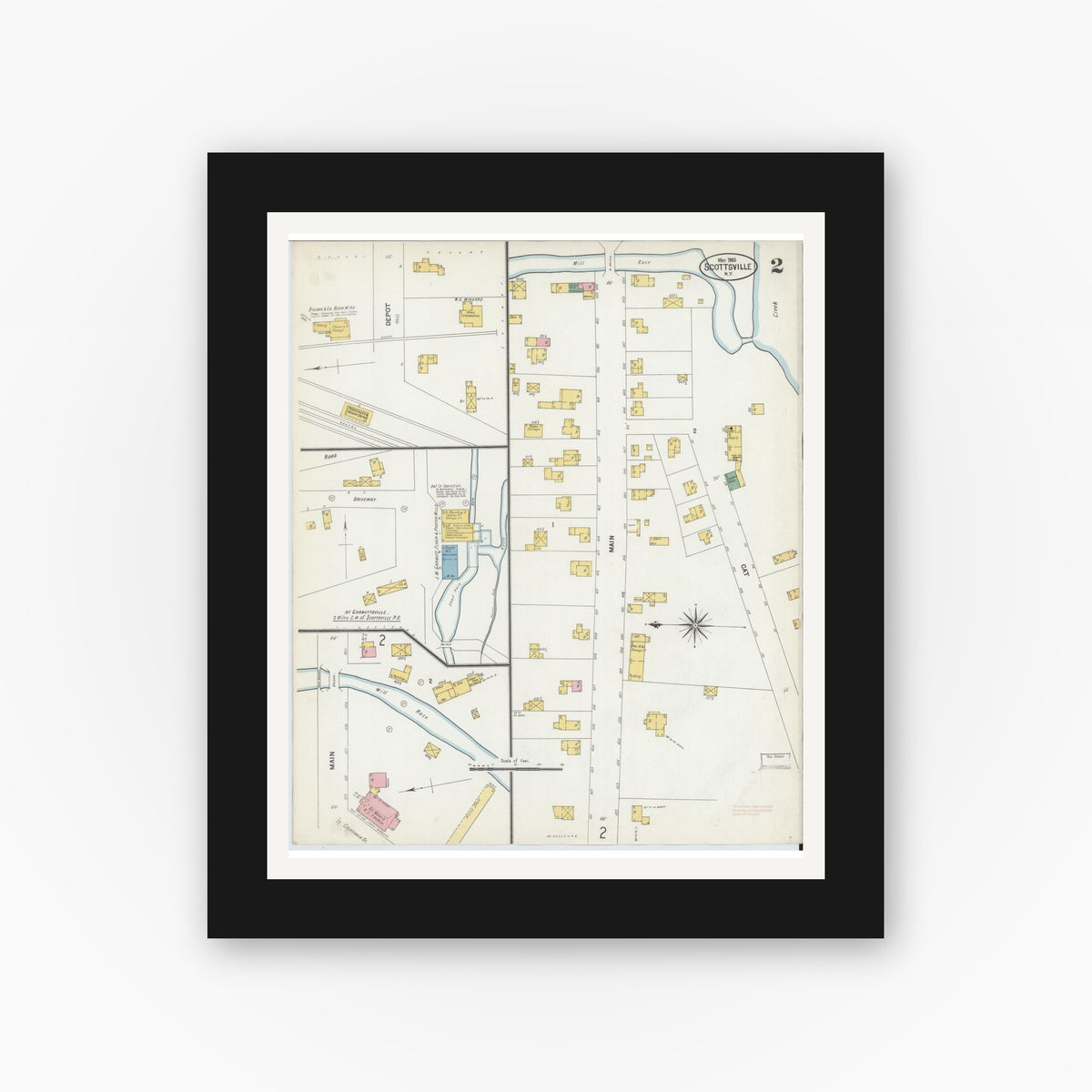Old map wall art mockup — black gallery frame with white mat — Sanborn Fire Insurance Map from Scottsville, Monroe County, New York (1903), Sheet #0002