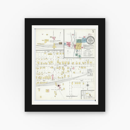 Old map wall art mockup — black gallery frame with white mat — Sanborn Fire Insurance Map from Glouster, Athens County, Ohio (1910), Sheet #0001