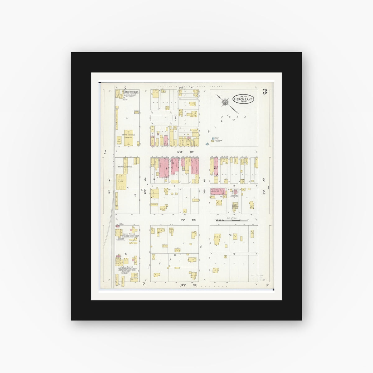 Old map wall art mockup — black gallery frame with white mat — Sanborn Fire Insurance Map from Heron Lake, Jackson County, Minnesota (1913), Sheet #0003