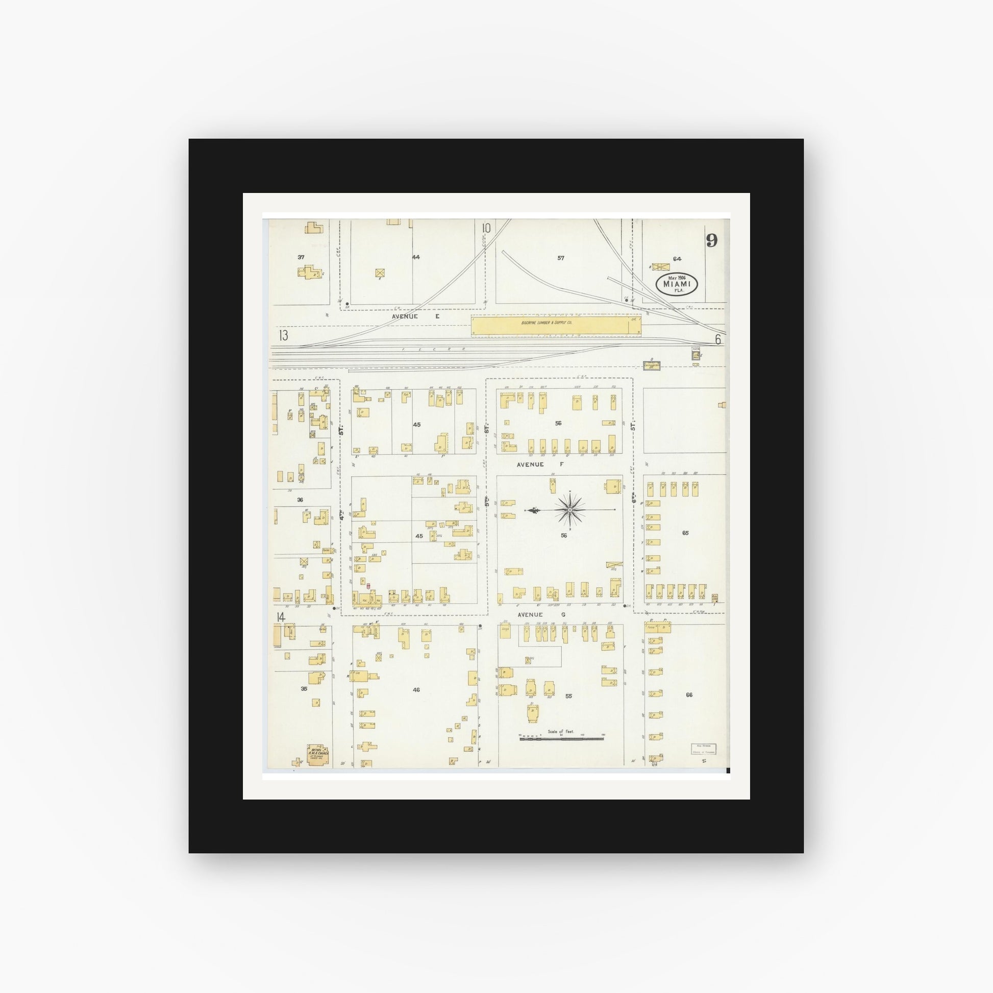 Old map wall art mockup — black gallery frame with white mat — Sanborn Fire Insurance Map from Miami, Dade County, Florida (1906), Sheet #0009