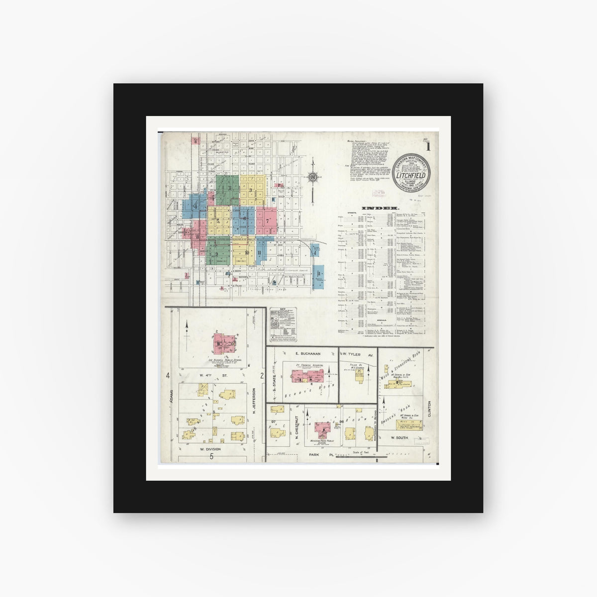Old map wall art mockup — black gallery frame with white mat — Sanborn Fire Insurance Map from Litchfield, Montgomery County, Illinois (1910) - Complete Map Set