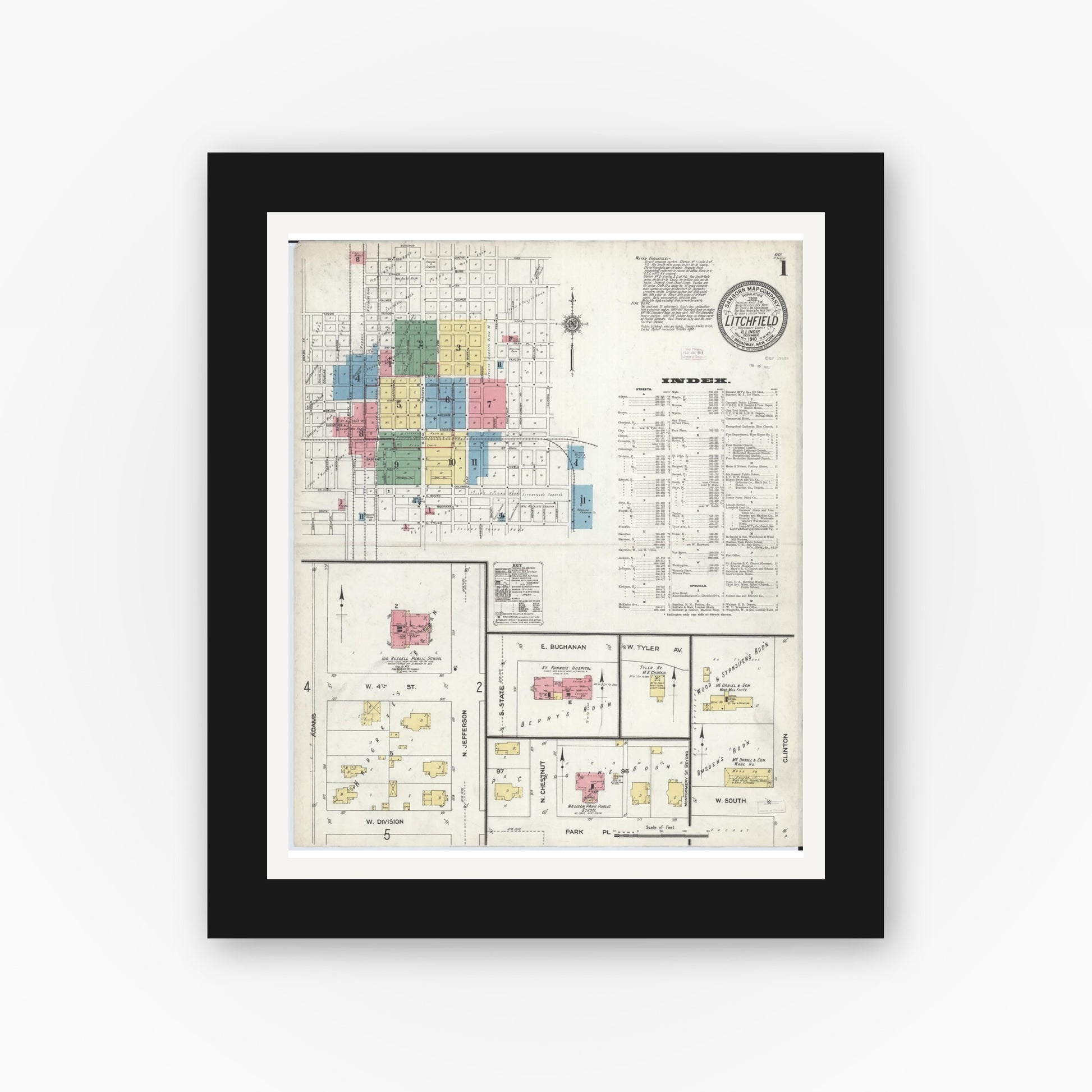 Old map wall art mockup — black gallery frame with white mat — Sanborn Fire Insurance Map from Litchfield, Montgomery County, Illinois (1910) - Complete Map Set