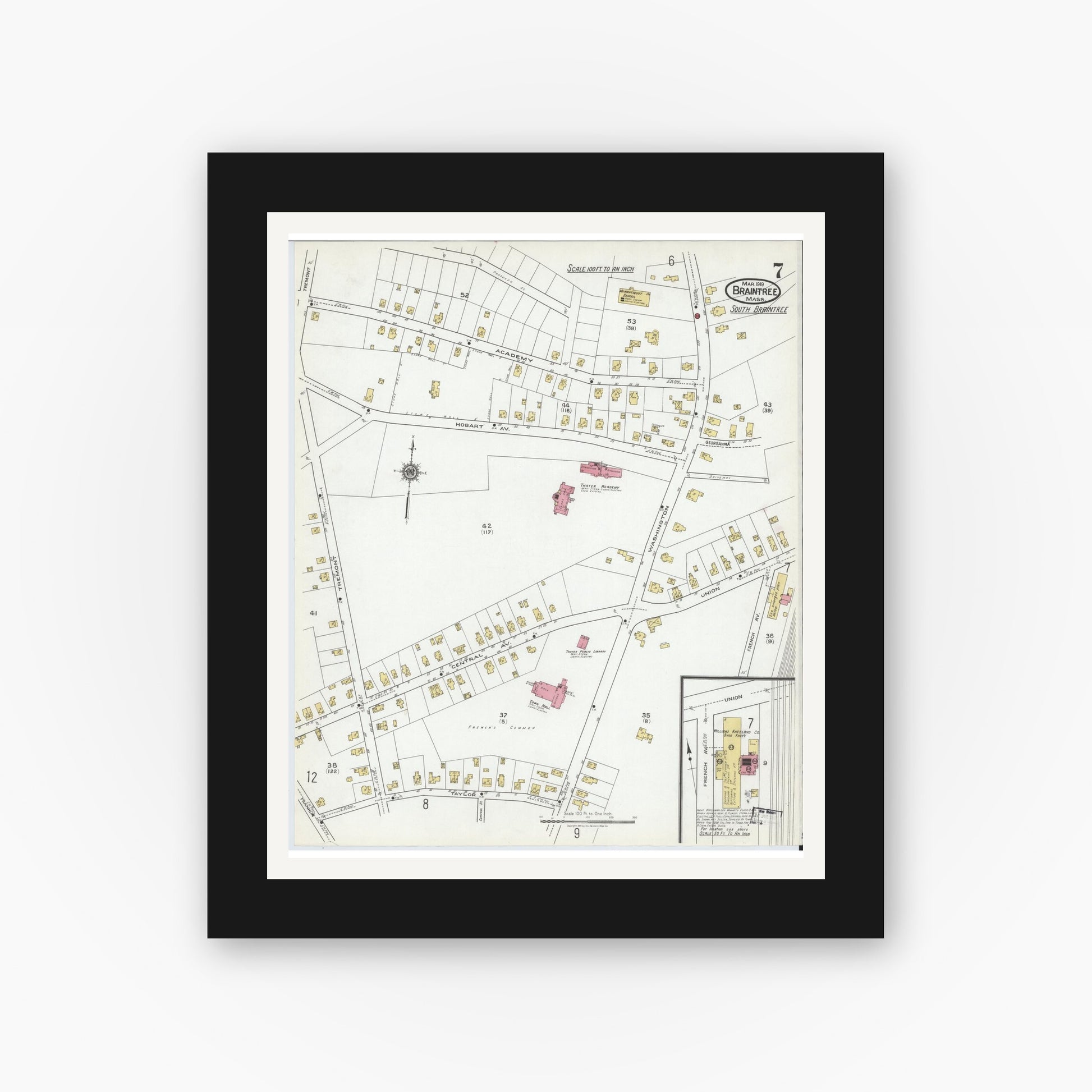 Old map wall art mockup — black gallery frame with white mat — Sanborn Fire Insurance Map from Braintree, Norfolk County, Massachusetts (1919), Sheet #0007