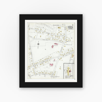 Old map wall art mockup — black gallery frame with white mat — Sanborn Fire Insurance Map from Braintree, Norfolk County, Massachusetts (1919), Sheet #0007