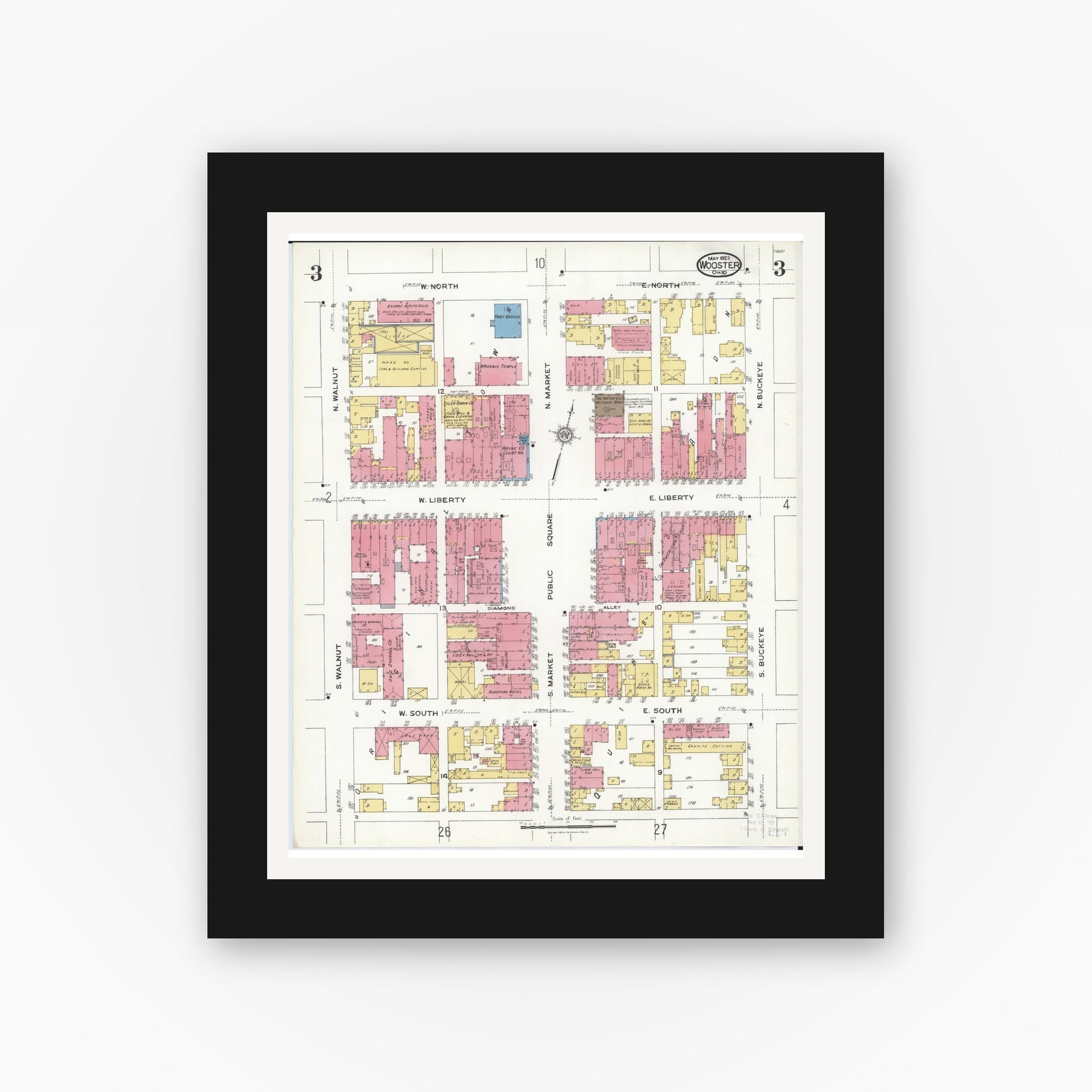 Old map wall art mockup — black gallery frame with white mat — Sanborn Fire Insurance Map from Wooster, Wayne County, Ohio (1923), Sheet #0003