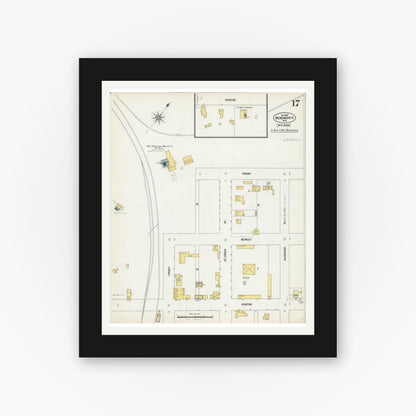 Old map wall art mockup — black gallery frame with white mat — Sanborn Fire Insurance Map from Menomonie, Dunn County, Wisconsin (1902), Sheet #0017