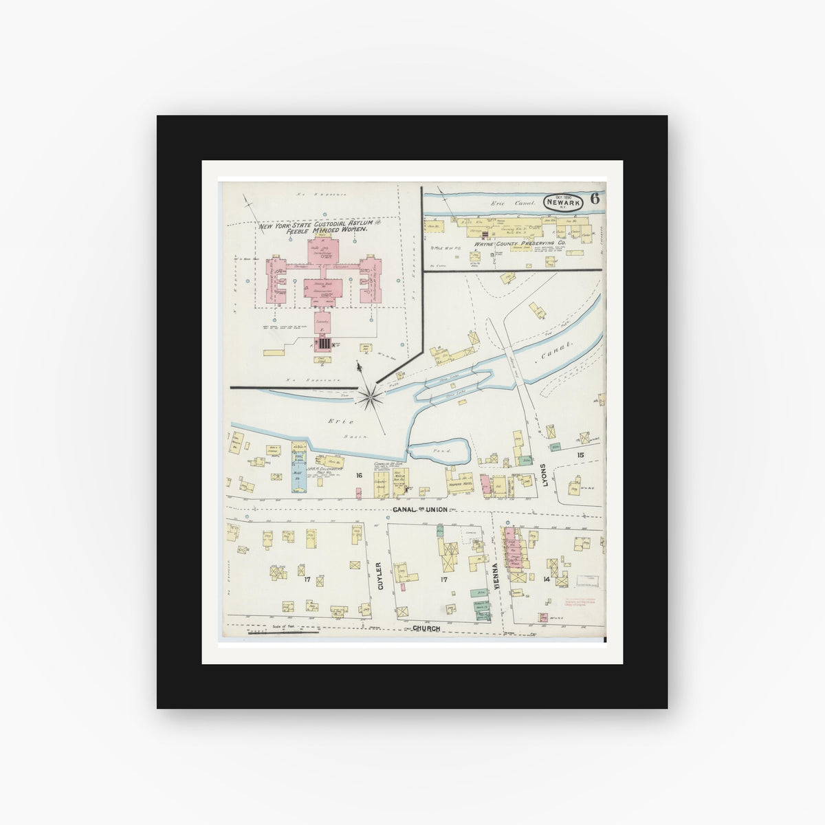 Old map wall art mockup — black gallery frame with white mat — Sanborn Fire Insurance Map from Newark, Wayne County, New York (1890), Sheet #0006