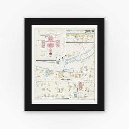 Old map wall art mockup — black gallery frame with white mat — Sanborn Fire Insurance Map from Newark, Wayne County, New York (1890), Sheet #0006