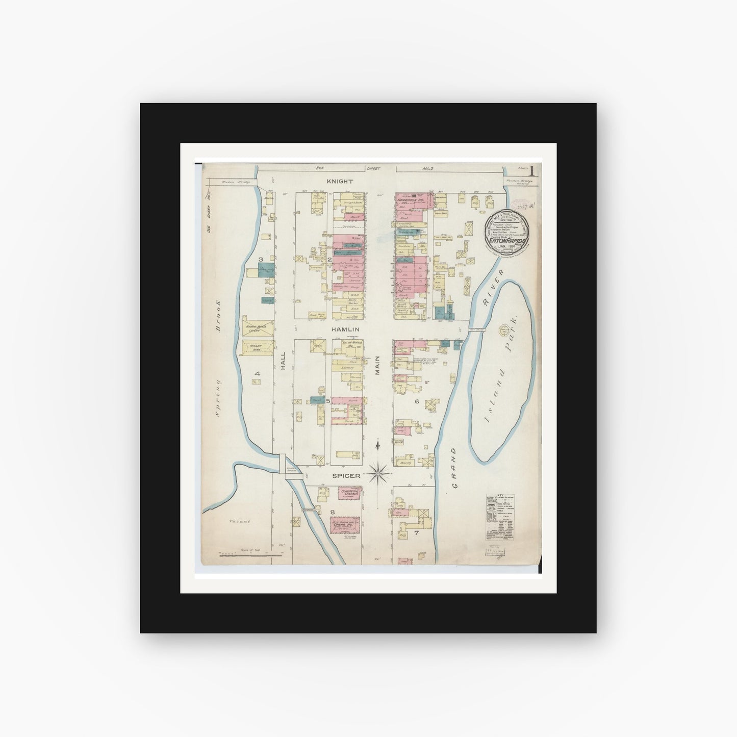 Old map wall art mockup — black gallery frame with white mat — Sanborn Fire Insurance Map from Eaton Rapids, Eaton County, Michigan (1886), Sheet #0001
