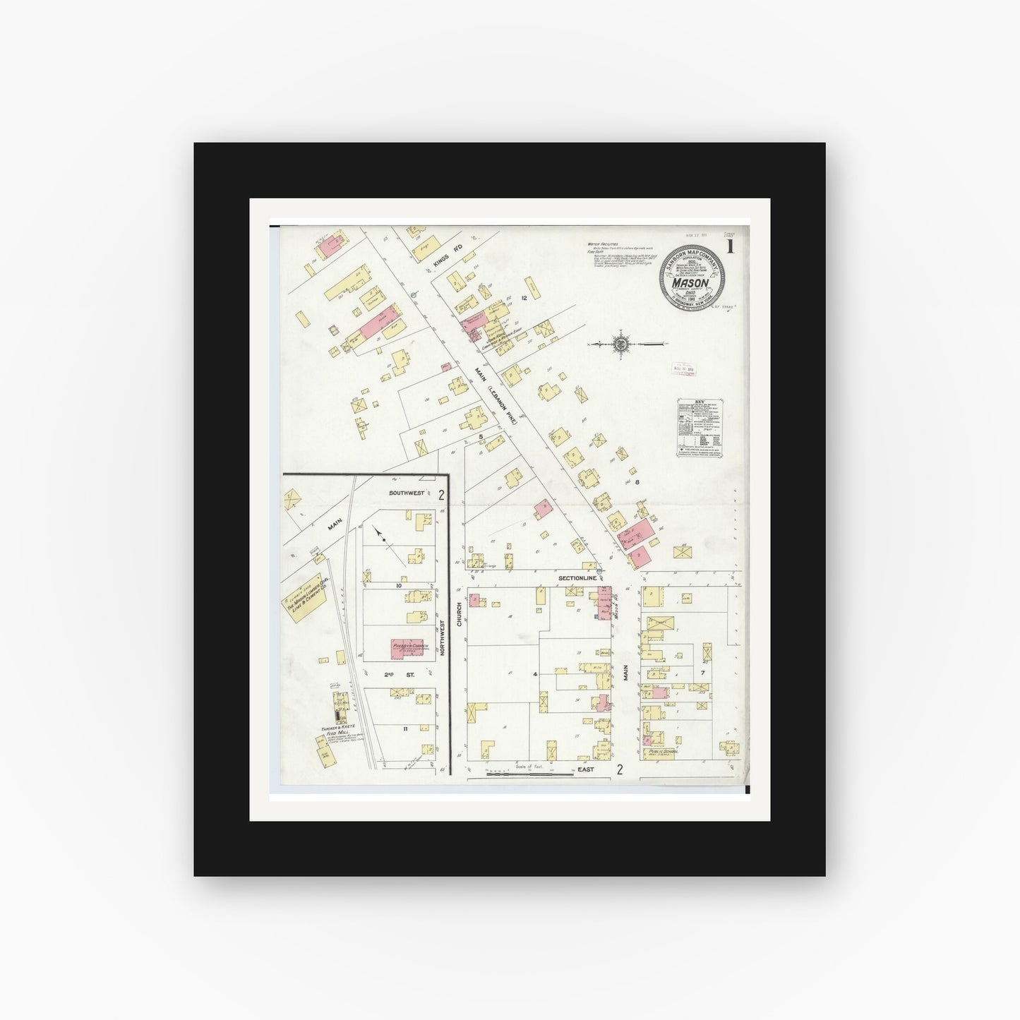 Old map wall art mockup — black gallery frame with white mat — Sanborn Fire Insurance Map from Mason, Warren County, Ohio (1911), Sheet #0001
