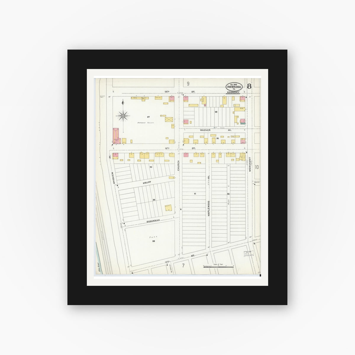Old map wall art mockup — black gallery frame with white mat — Sanborn Fire Insurance Map from Ambridge, Beaver County, Pennsylvania (1905), Sheet #0008