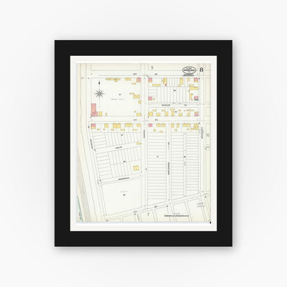 Old map wall art mockup — black gallery frame with white mat — Sanborn Fire Insurance Map from Ambridge, Beaver County, Pennsylvania (1905), Sheet #0008