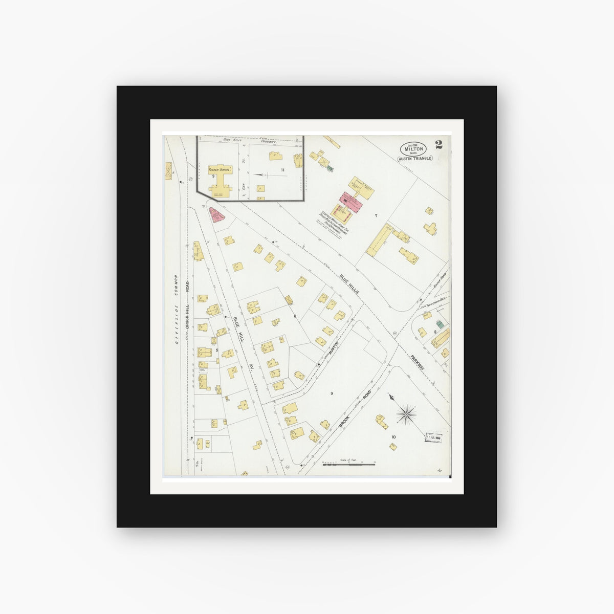 Old map wall art mockup — black gallery frame with white mat — Sanborn Fire Insurance Map from Milton, Norfolk County, Massachusetts (1901), Sheet #0002