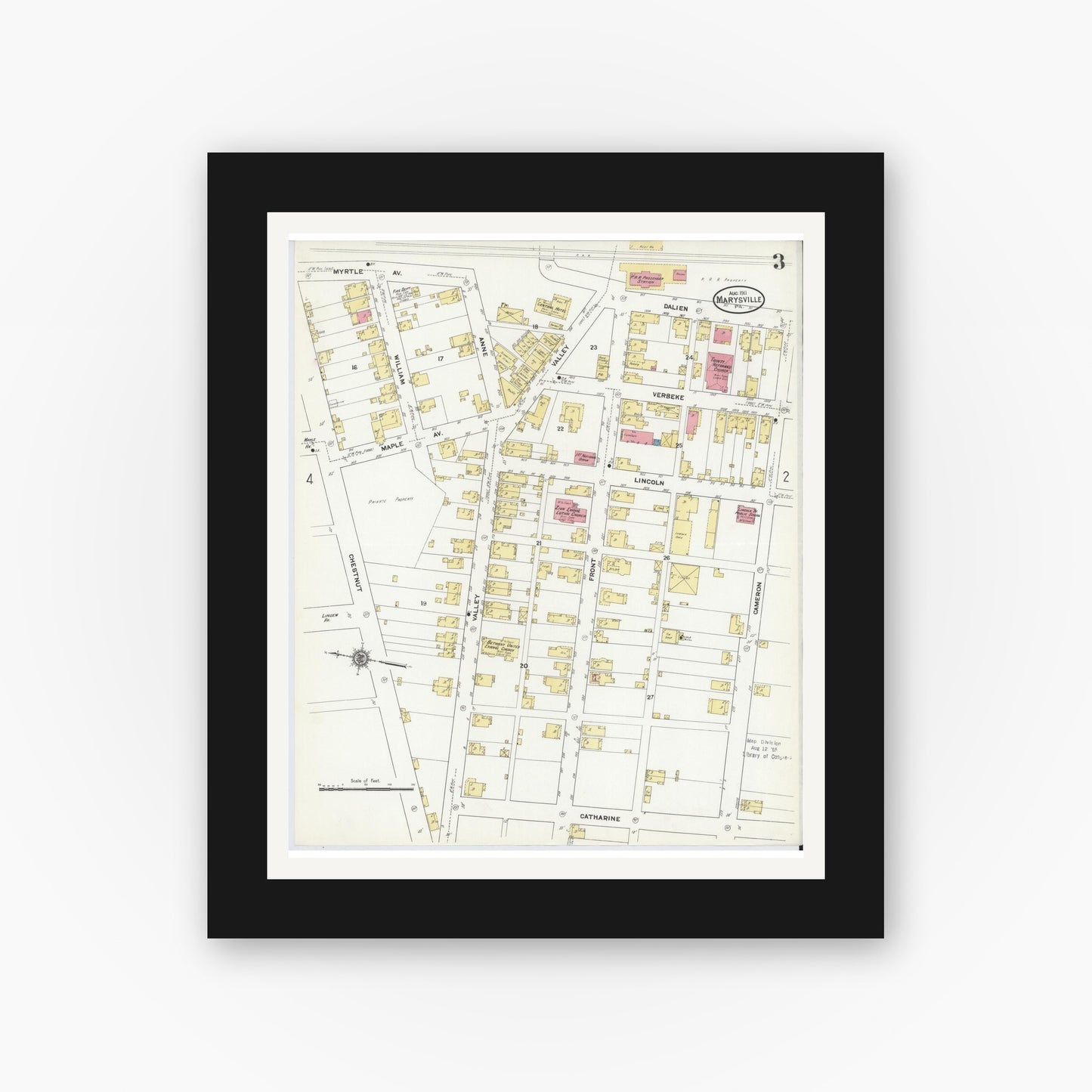 Old map wall art mockup — black gallery frame with white mat — Sanborn Fire Insurance Map from Marysville, Perry County, Pennsylvania (1911), Sheet #0003