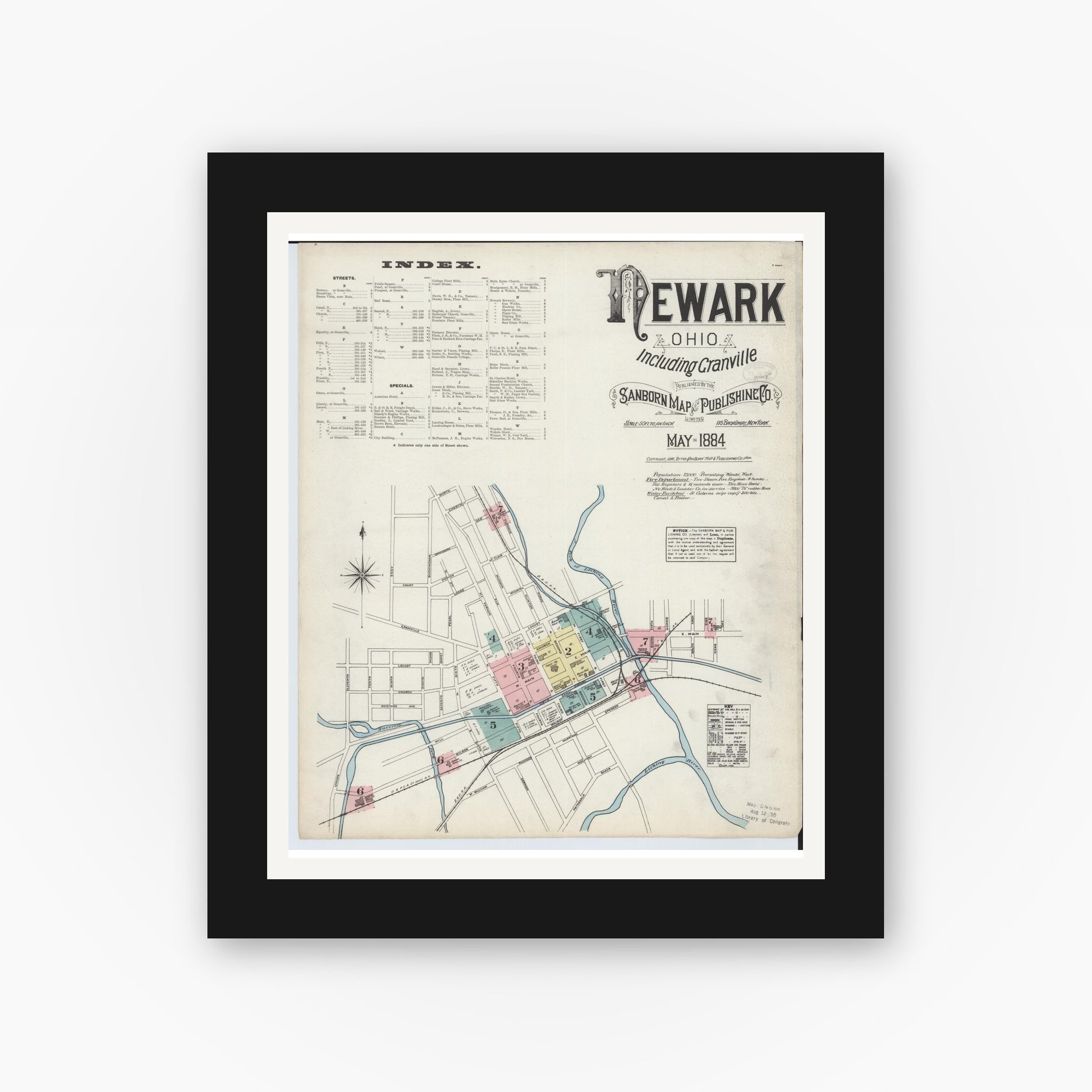 Old map wall art mockup — black gallery frame with white mat — Sanborn Fire Insurance Map from Newark, Licking County, Ohio (1884), Sheet #0001