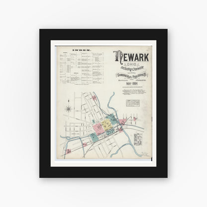 Old map wall art mockup — black gallery frame with white mat — Sanborn Fire Insurance Map from Newark, Licking County, Ohio (1884), Sheet #0001
