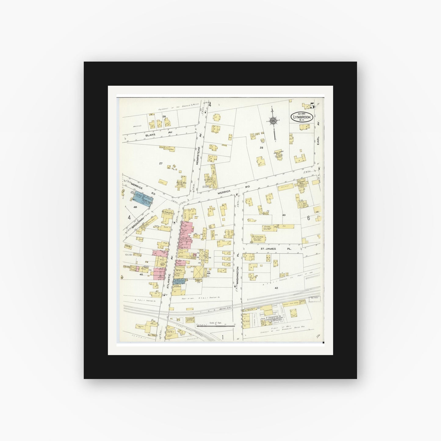 Old map wall art mockup — black gallery frame with white mat — Sanborn Fire Insurance Map from Lynbrook, Nassau County, New York (1910), Sheet #0005