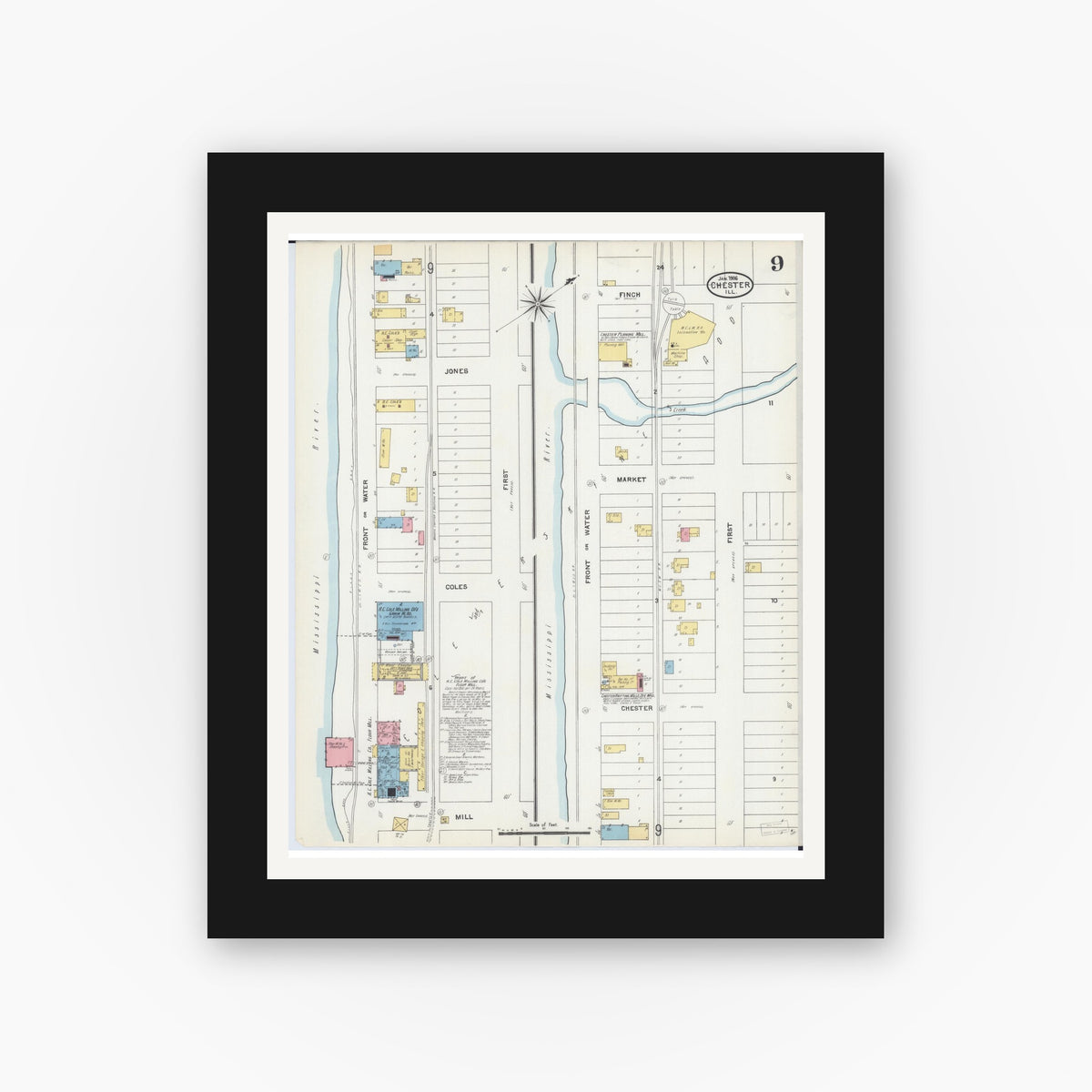 Old map wall art mockup — black gallery frame with white mat — Sanborn Fire Insurance Map from Chester, Randolph County, Illinois (1906), Sheet #0009