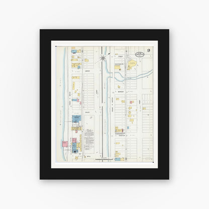 Old map wall art mockup — black gallery frame with white mat — Sanborn Fire Insurance Map from Chester, Randolph County, Illinois (1906), Sheet #0009