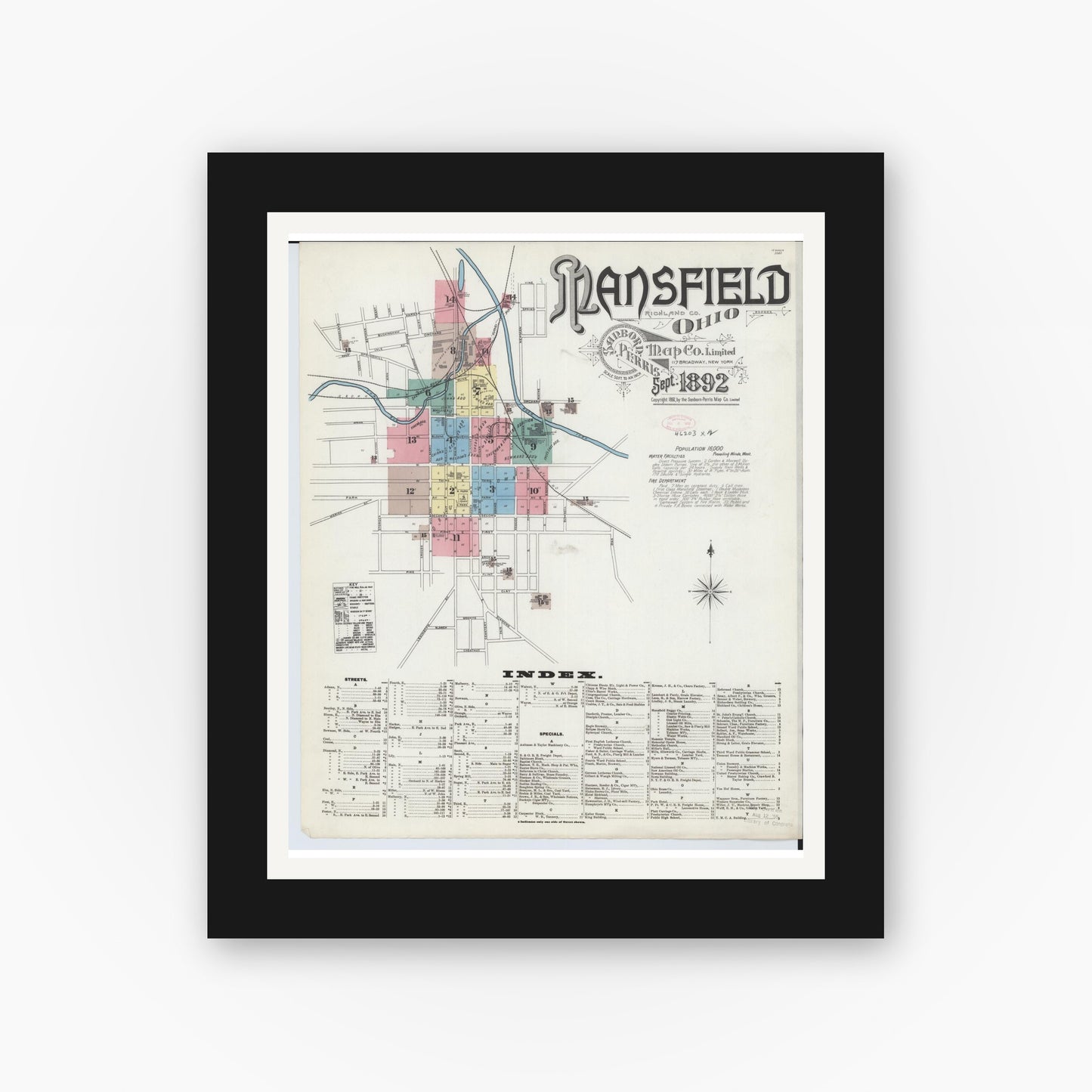 Old map wall art mockup — black gallery frame with white mat — Sanborn Fire Insurance Map from Mansfield, Richland County, Ohio (1892) - Complete Map Set