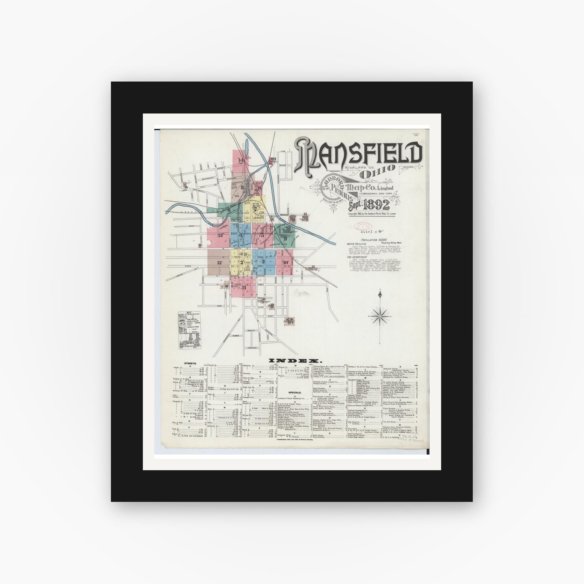 Old map wall art mockup — black gallery frame with white mat — Sanborn Fire Insurance Map from Mansfield, Richland County, Ohio (1892) - Complete Map Set