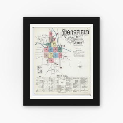 Old map wall art mockup — black gallery frame with white mat — Sanborn Fire Insurance Map from Mansfield, Richland County, Ohio (1892) - Complete Map Set