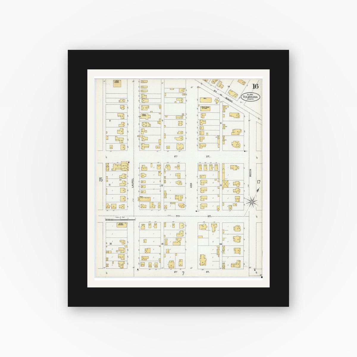 Old map wall art mockup — black gallery frame with white mat — Sanborn Fire Insurance Map from Texarkana, Bowie County, Texas (1900), Sheet #0016