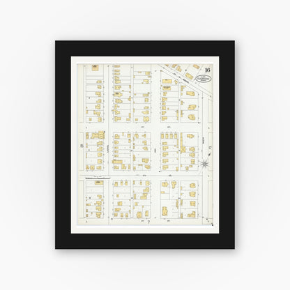 Old map wall art mockup — black gallery frame with white mat — Sanborn Fire Insurance Map from Texarkana, Bowie County, Texas (1900), Sheet #0016