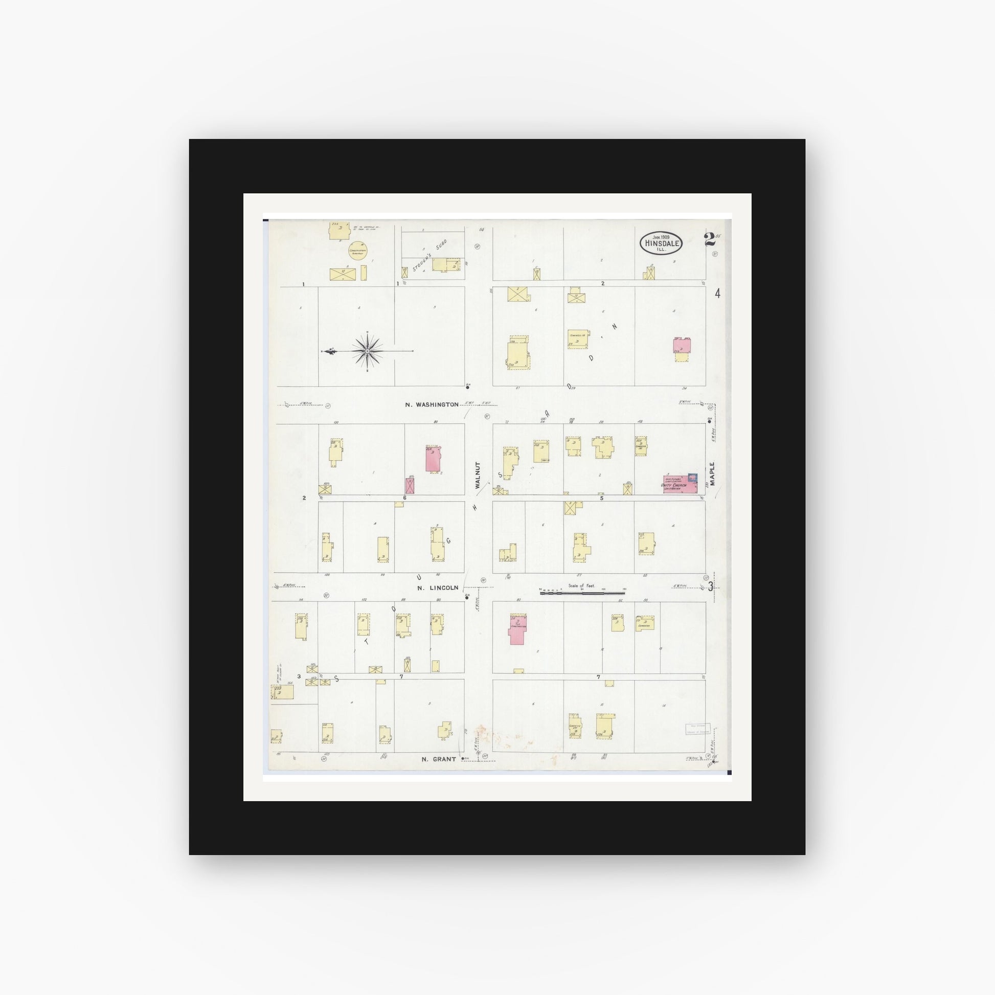 Old map wall art mockup — black gallery frame with white mat — Sanborn Fire Insurance Map from Hinsdale, Du Page And Cook Counties, Illinois (1909), Sheet #0002