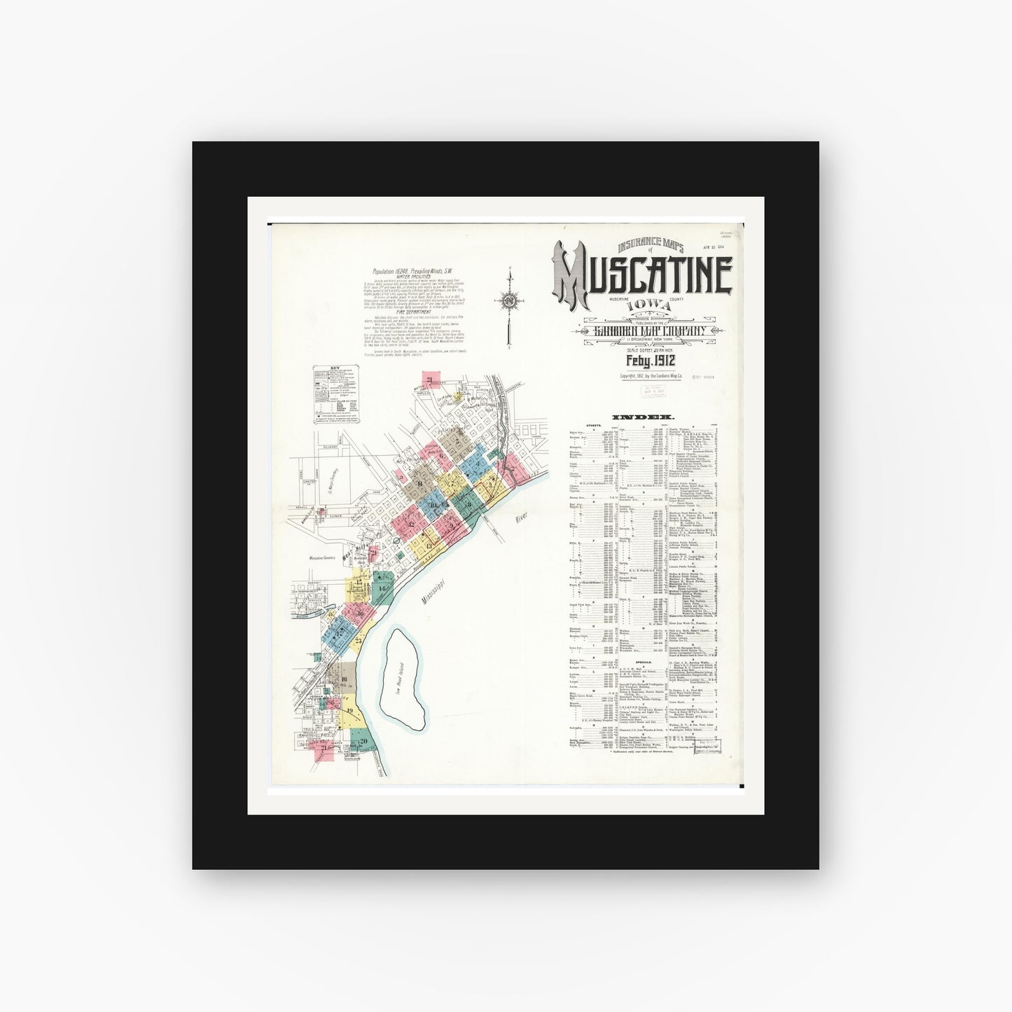 Old map wall art mockup — black gallery frame with white mat — Sanborn Fire Insurance Map from Muscatine, Muscatine County, Iowa (1912) â€” Complete Set