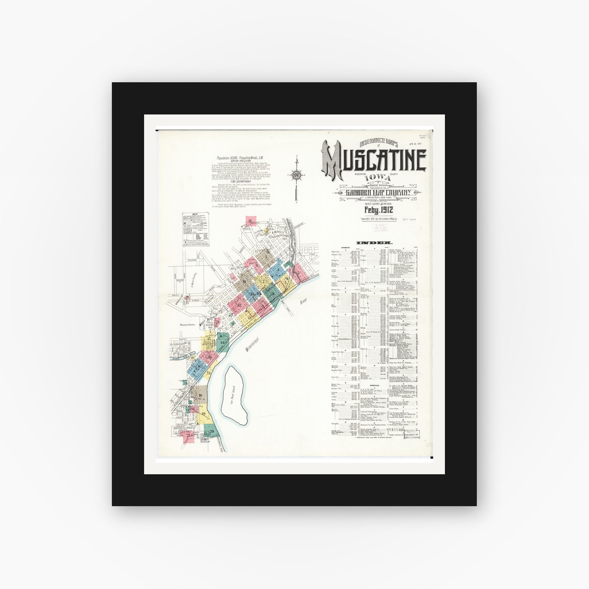 Old map wall art mockup — black gallery frame with white mat — Sanborn Fire Insurance Map from Muscatine, Muscatine County, Iowa (1912) â€” Complete Set