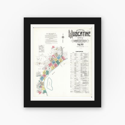 Old map wall art mockup — black gallery frame with white mat — Sanborn Fire Insurance Map from Muscatine, Muscatine County, Iowa (1912) â€” Complete Set