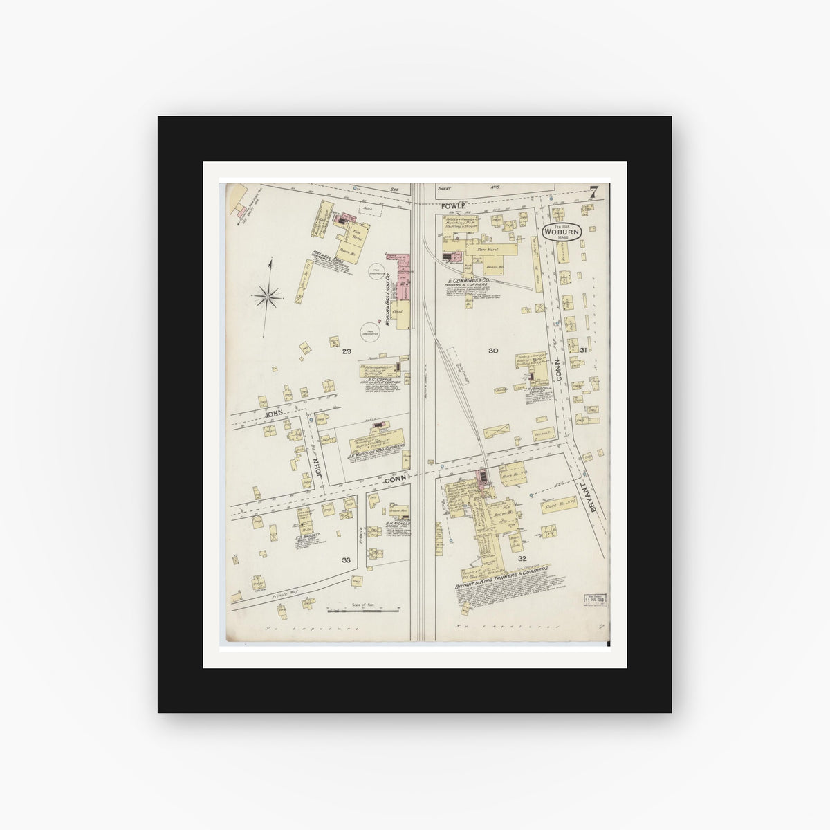 Old map wall art mockup — black gallery frame with white mat — Sanborn Fire Insurance Map from Woburn, Middlesex County, Massachusetts (1888), Sheet #0007