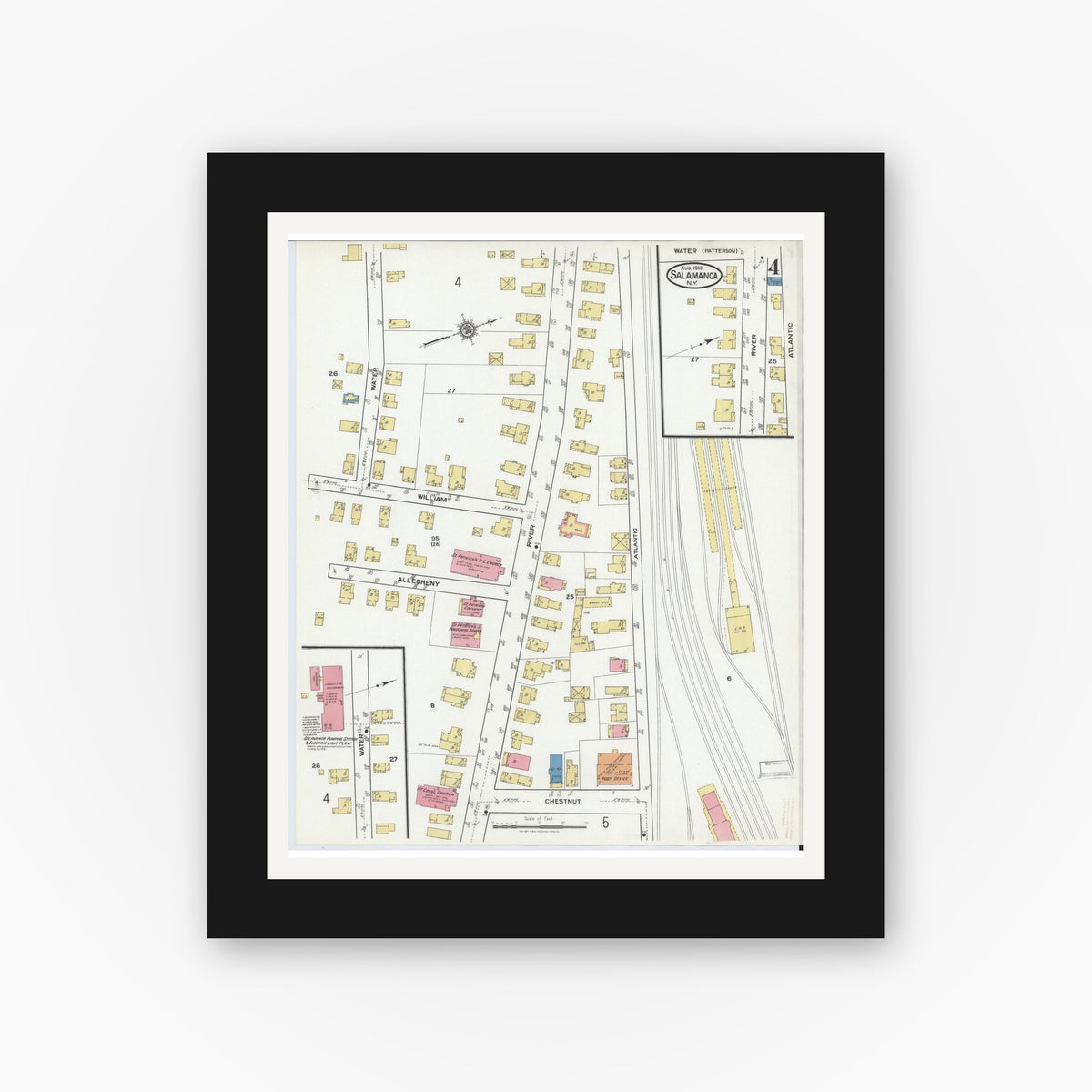 Old map wall art mockup — black gallery frame with white mat — Sanborn Fire Insurance Map from Salamanca, Cattaraugus County, New York (1918), Sheet #0004