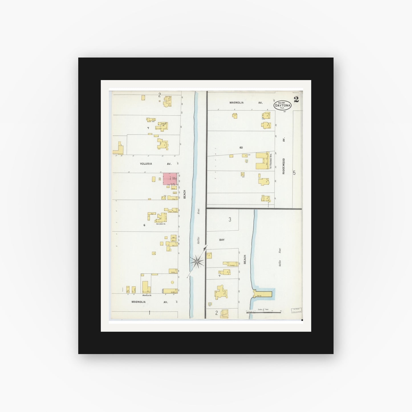 Old map wall art mockup — black gallery frame with white mat — Sanborn Fire Insurance Map from Daytona, Volusia County, Florida (1901), Sheet #0002