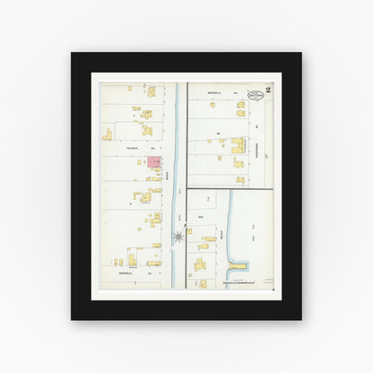 Old map wall art mockup — black gallery frame with white mat — Sanborn Fire Insurance Map from Daytona, Volusia County, Florida (1901), Sheet #0002
