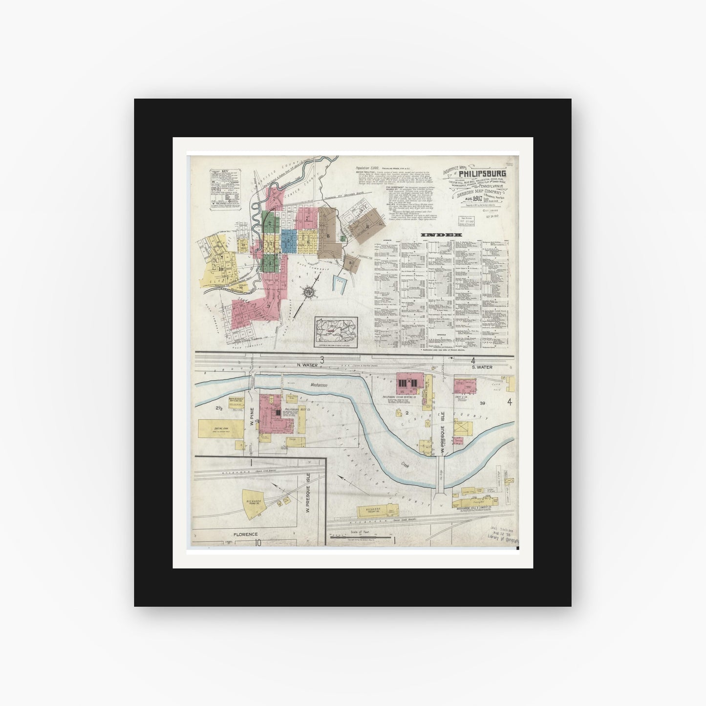 Old map wall art mockup — black gallery frame with white mat — Sanborn Fire Insurance Map from Philipsburg, Centre County, Pennsylvania (1917), Sheet #0001