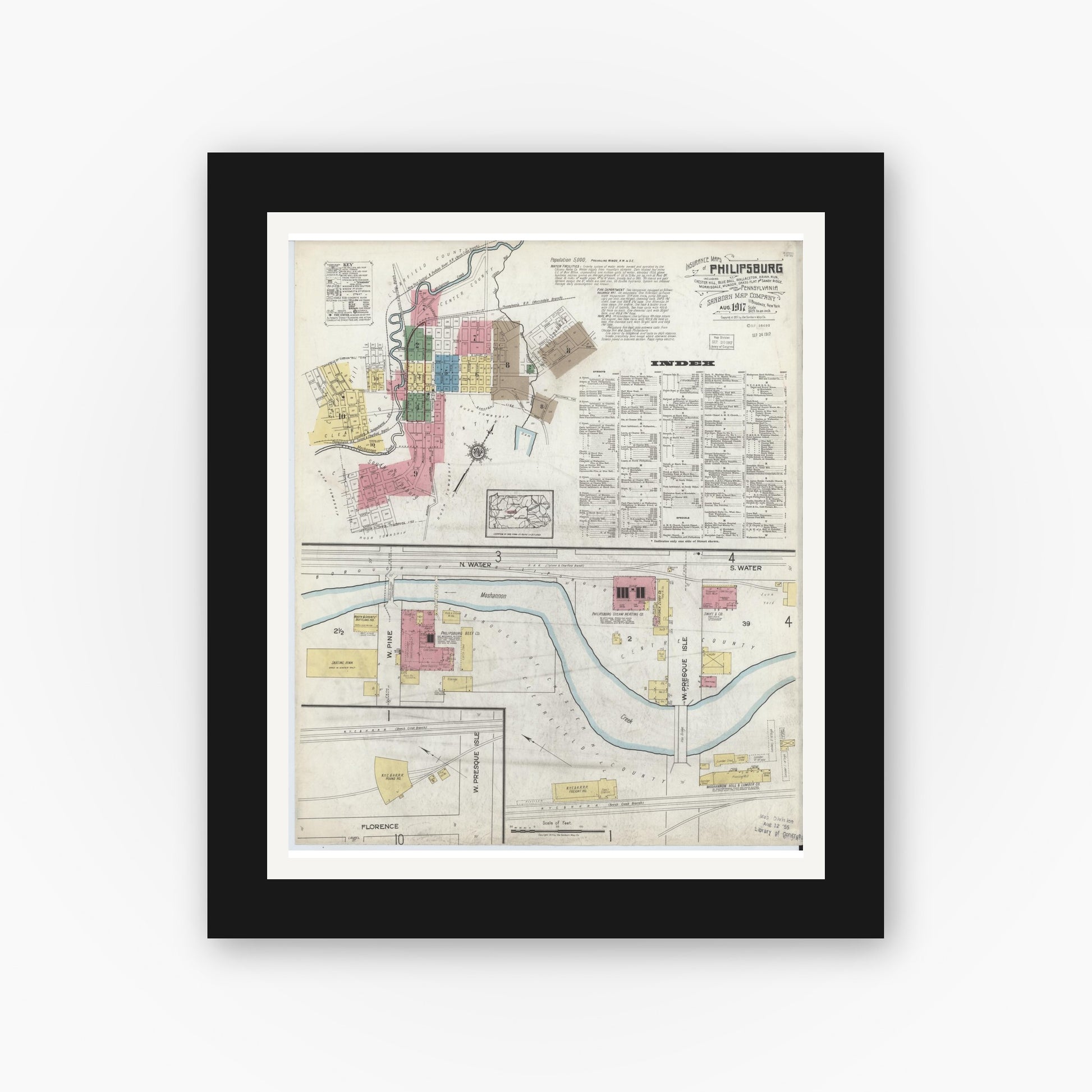 Old map wall art mockup — black gallery frame with white mat — Sanborn Fire Insurance Map from Philipsburg, Centre County, Pennsylvania (1917), Sheet #0001