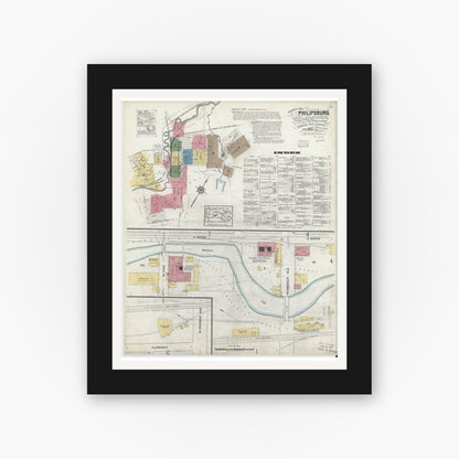 Old map wall art mockup — black gallery frame with white mat — Sanborn Fire Insurance Map from Philipsburg, Centre County, Pennsylvania (1917), Sheet #0001