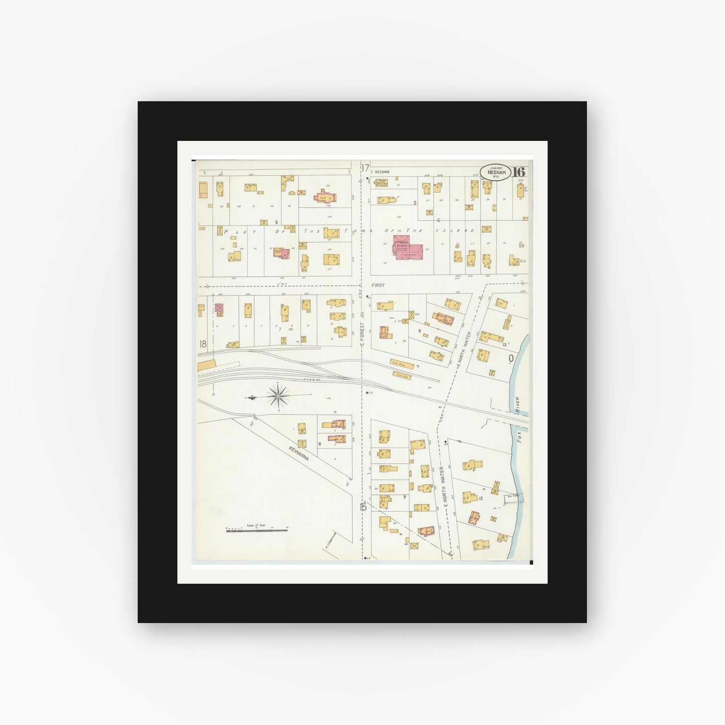 Old map wall art mockup — black gallery frame with white mat — Sanborn Fire Insurance Map from Neenah, Winnebago County, Wisconsin (1906), Sheet #0016