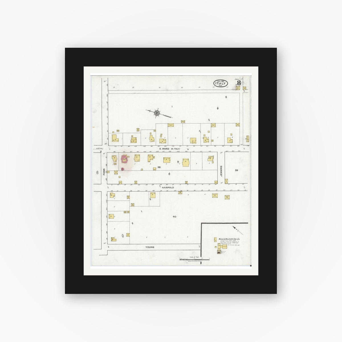 Old map wall art mockup — black gallery frame with white mat — Sanborn Fire Insurance Map from Italy, Ellis County, Texas (1921), Sheet #0008