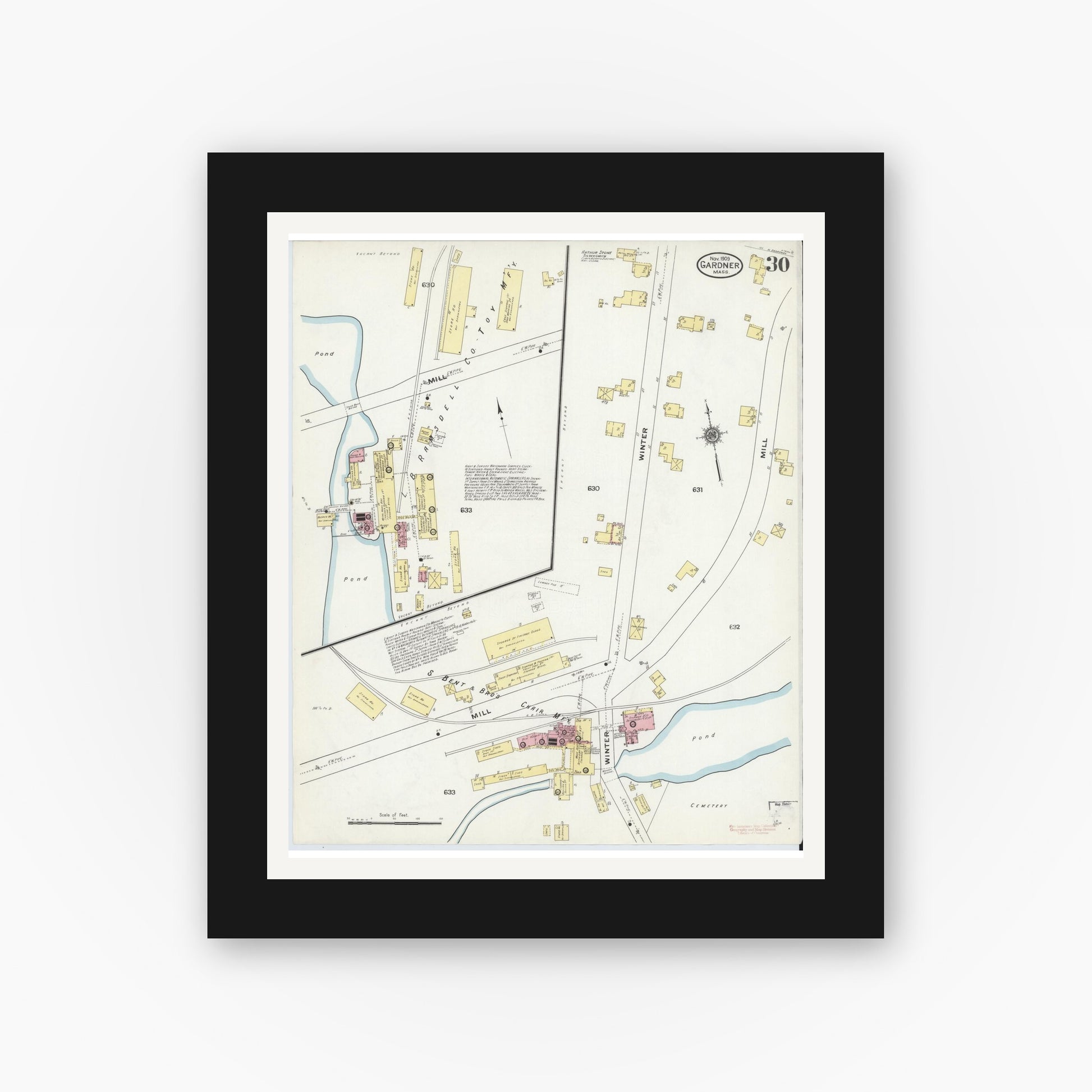 Old map wall art mockup — black gallery frame with white mat — Sanborn Fire Insurance Map from Gardner, Worcester County, Massachusetts (1909), Sheet #0030