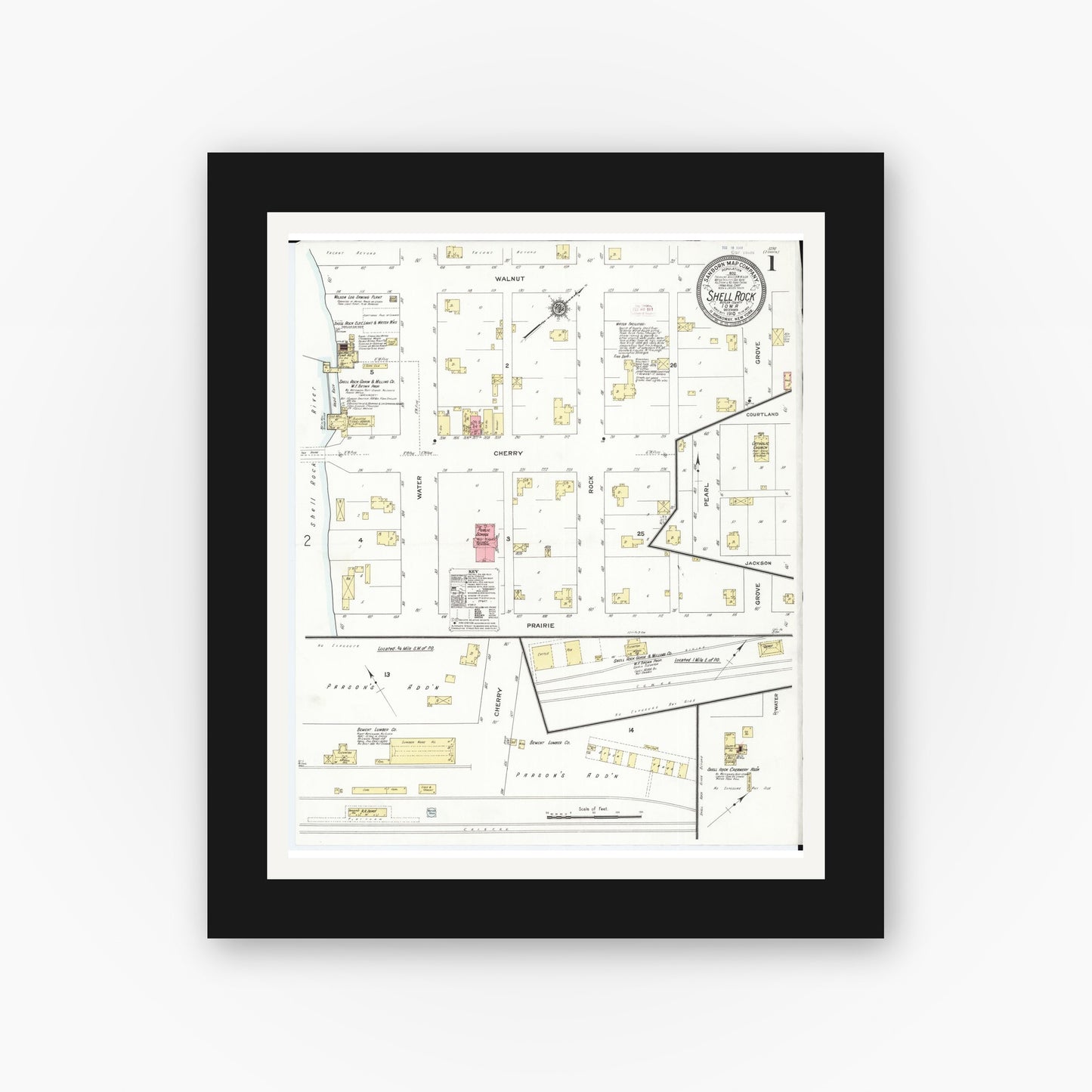 Old map wall art mockup — black gallery frame with white mat — Sanborn Fire Insurance Map from Shell Rock, Butler County, Iowa (1910), Sheet #0001